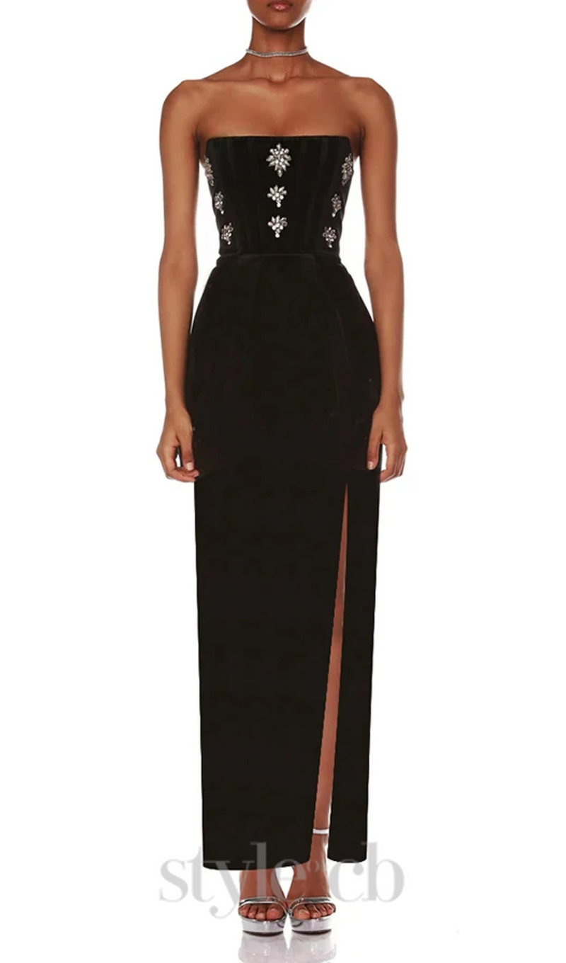 STRAPLESS CRYSTAL DETAIL MAXI DRESS BLACK