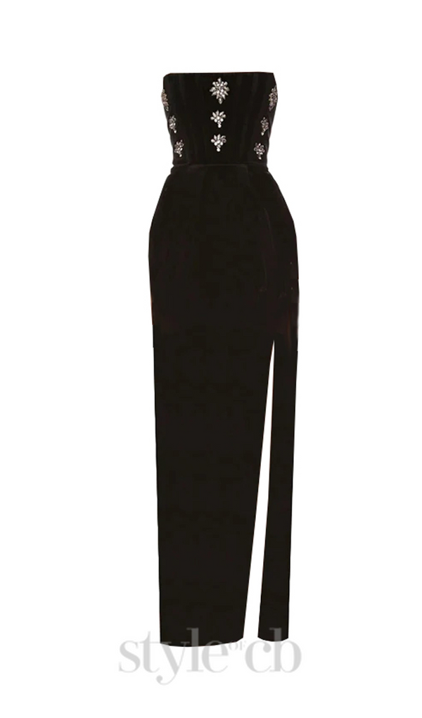 STRAPLESS CRYSTAL DETAIL MAXI DRESS BLACK