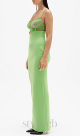 GREEN BEADING BANDAGE MIDI DRESS
