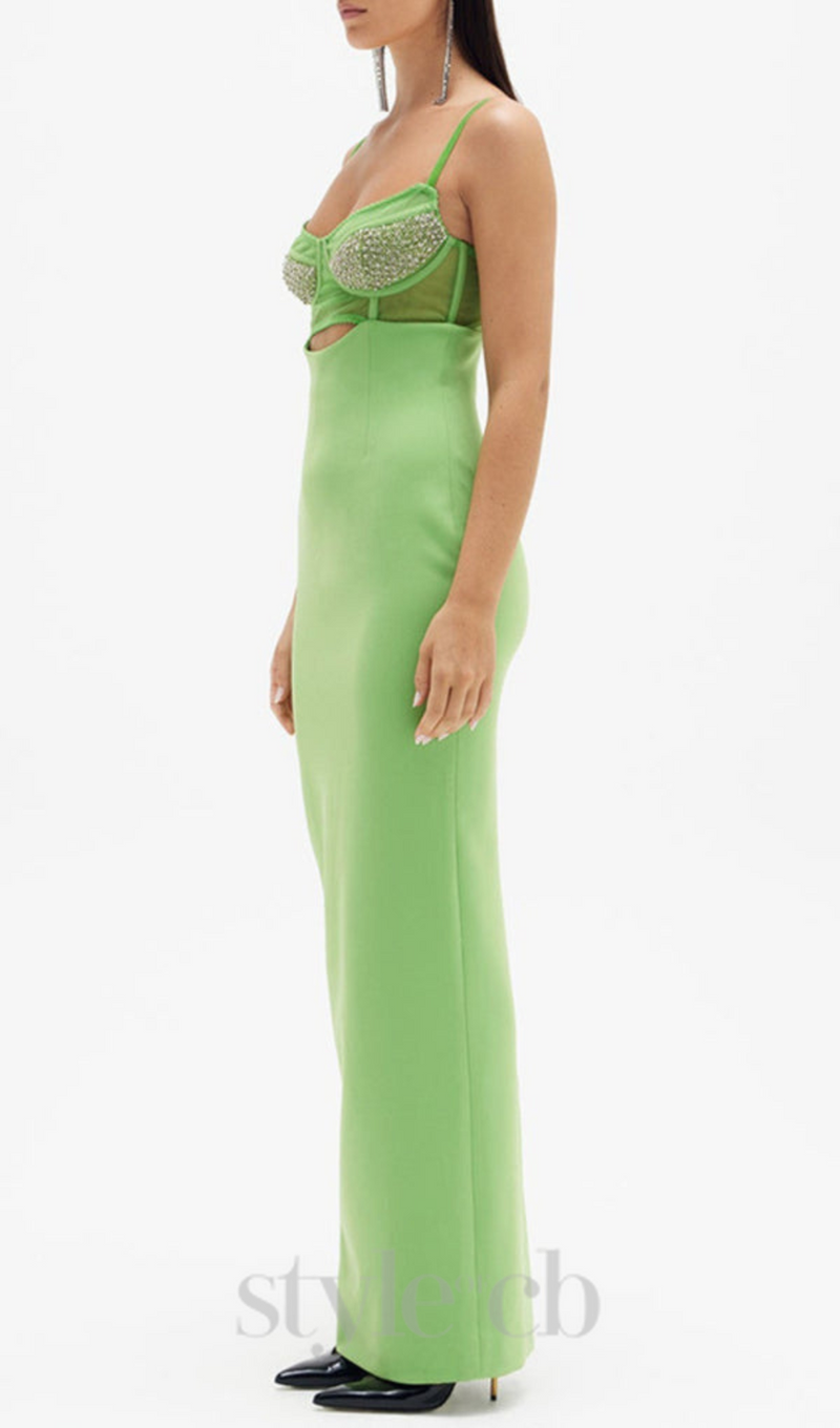 GREEN BEADING BANDAGE MIDI DRESS