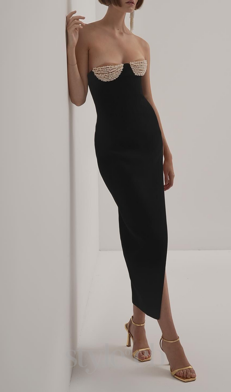 PEARL EMBELLISHED OFF-SHOULDER HIGH SPLIT DRESS