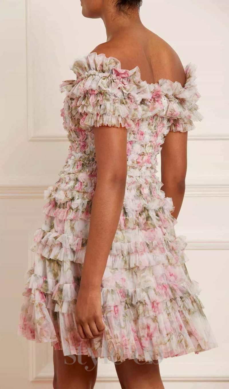 FLORAL OFF-SHOULDER MINI DRESS IN NYLON