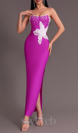 PURPLE BEADED STRAPLESS SIDE SLIT BANDAGE DRESS