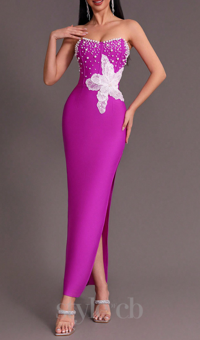 PURPLE BEADED STRAPLESS SIDE SLIT BANDAGE DRESS