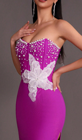 PURPLE BEADED STRAPLESS SIDE SLIT BANDAGE DRESS