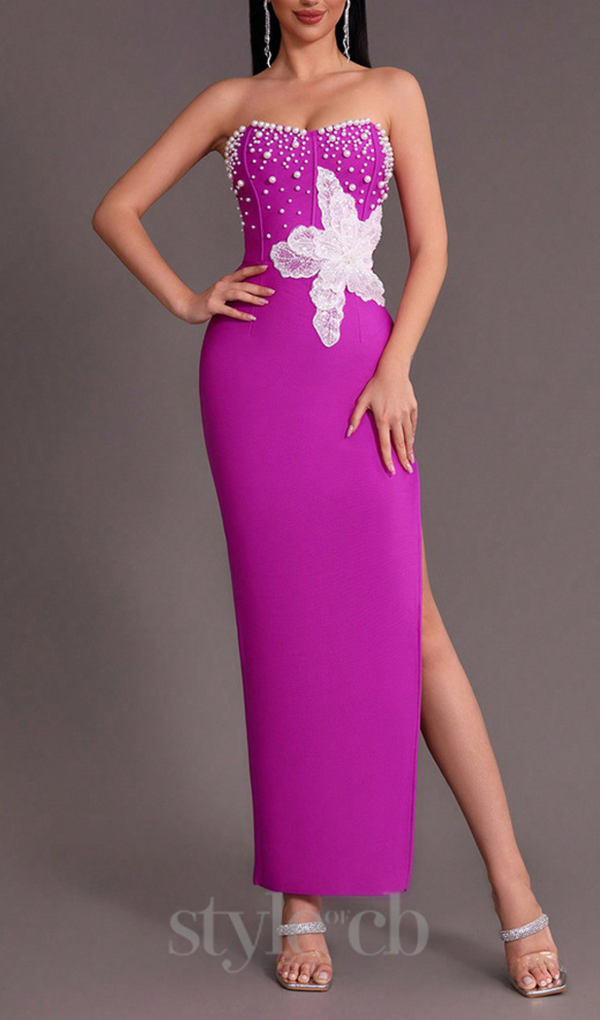 PURPLE BEADED STRAPLESS SIDE SLIT BANDAGE DRESS