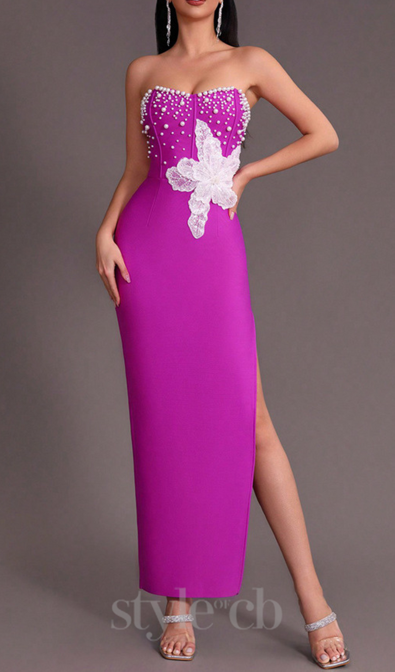 PURPLE BEADED STRAPLESS SIDE SLIT BANDAGE DRESS
