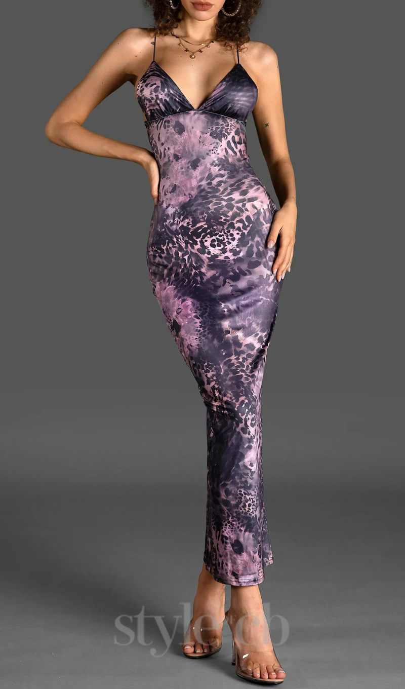 SPAGHETTI LEOPARD PRINT BACKLESS DRESS IN PURPLE