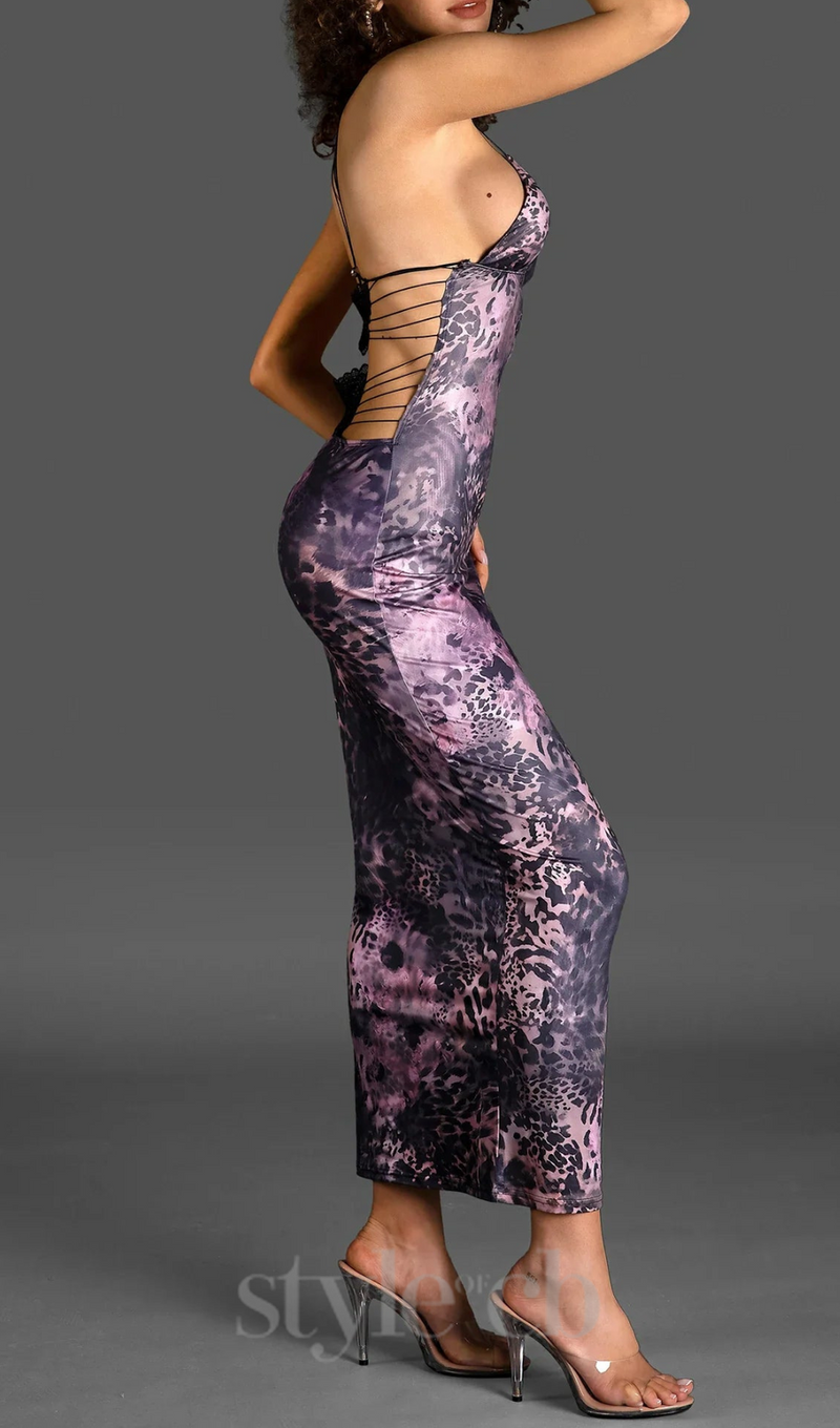 SPAGHETTI LEOPARD PRINT BACKLESS DRESS IN PURPLE