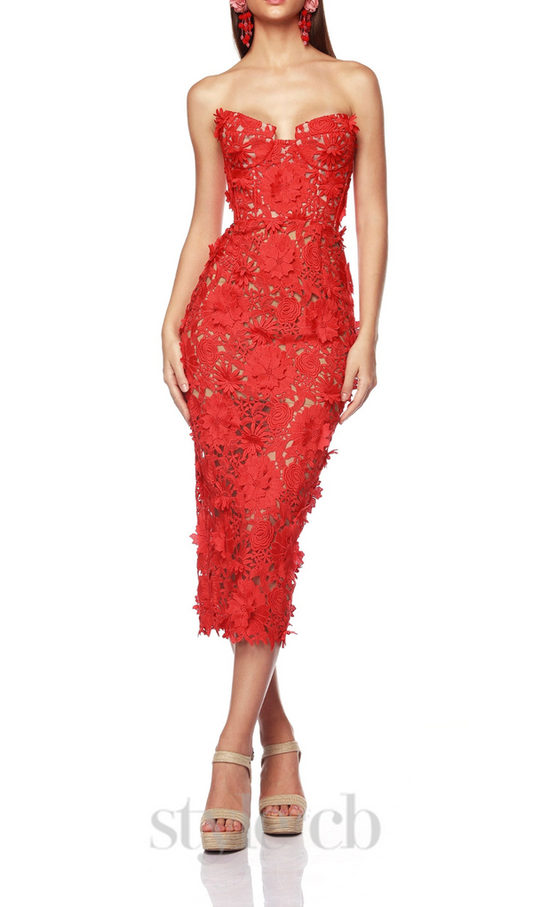 OFF-SHOULDER FLORAL CUT OUT MIDI DRESS