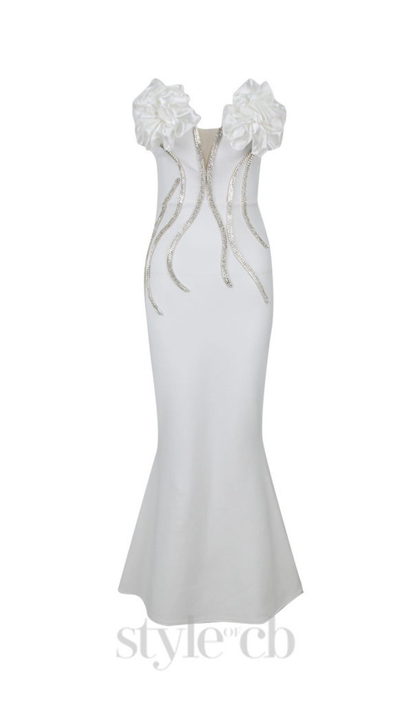 OFF SHOULDER FLOWER EMBELLISHED BODYCON GOWN