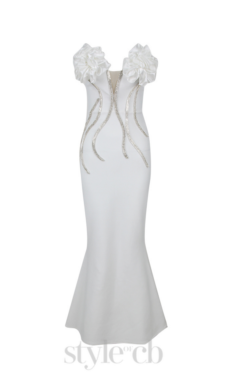 OFF SHOULDER FLOWER EMBELLISHED BODYCON GOWN