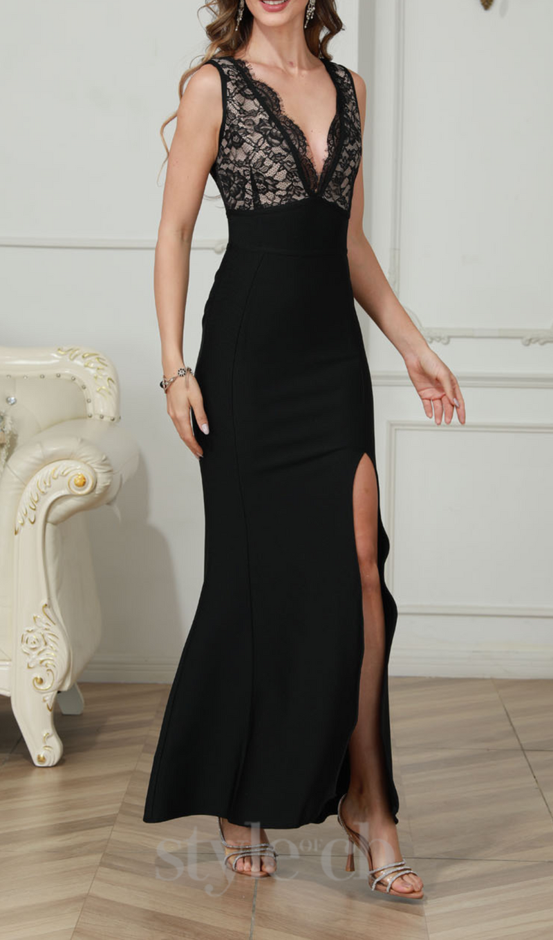 SPLIT THIGH LACE BODICE DRESS