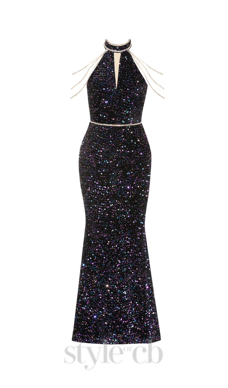 CRYSTAL-EMBELLISHED HALTER BODYCON MAXI DRESS