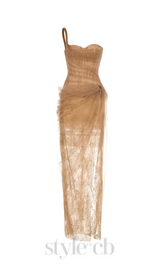 ONE SHOULDER MESH RUCHED MIDI DRESS
