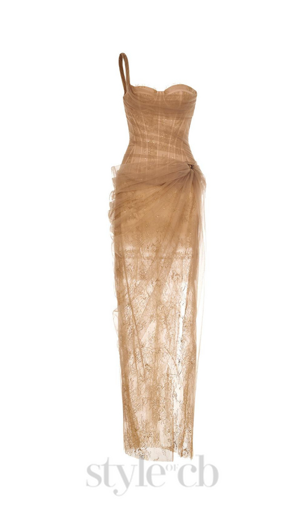 ONE SHOULDER MESH RUCHED MIDI DRESS