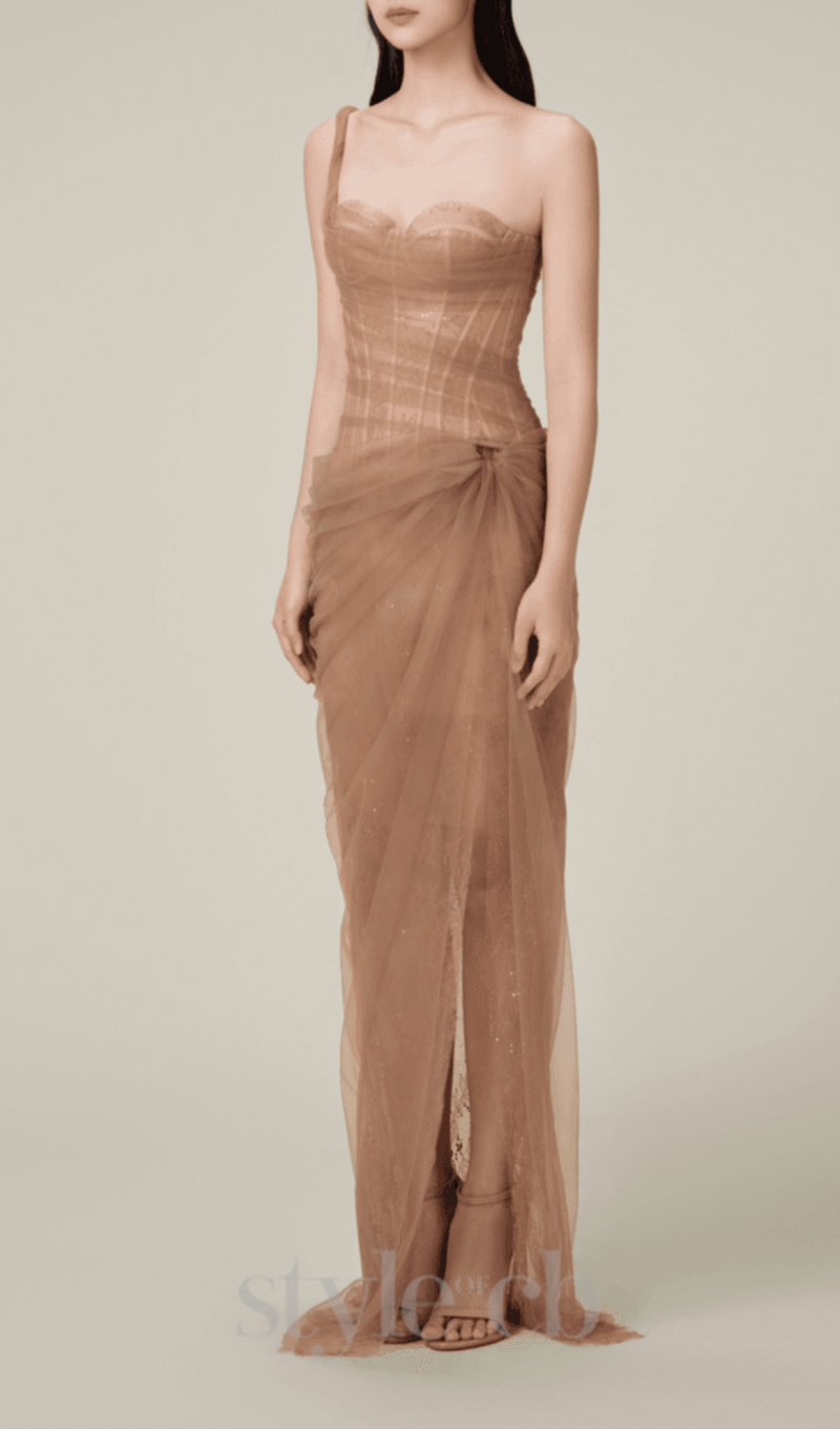 ONE SHOULDER MESH RUCHED MIDI DRESS