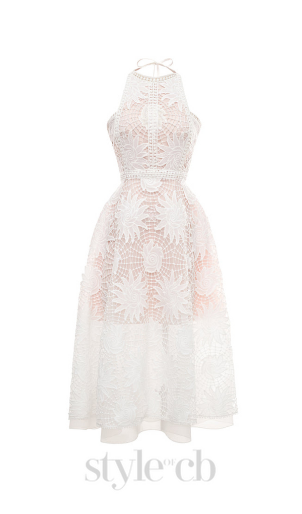 FLORAL EMBELLISHED SLEEVELESS LACE MIDI DRESS