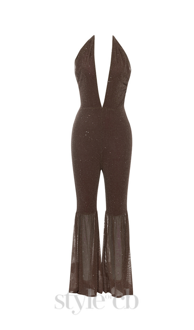 HALTER NECK BACKLESS FLARE LEG JUMPSUIT IN BROWN