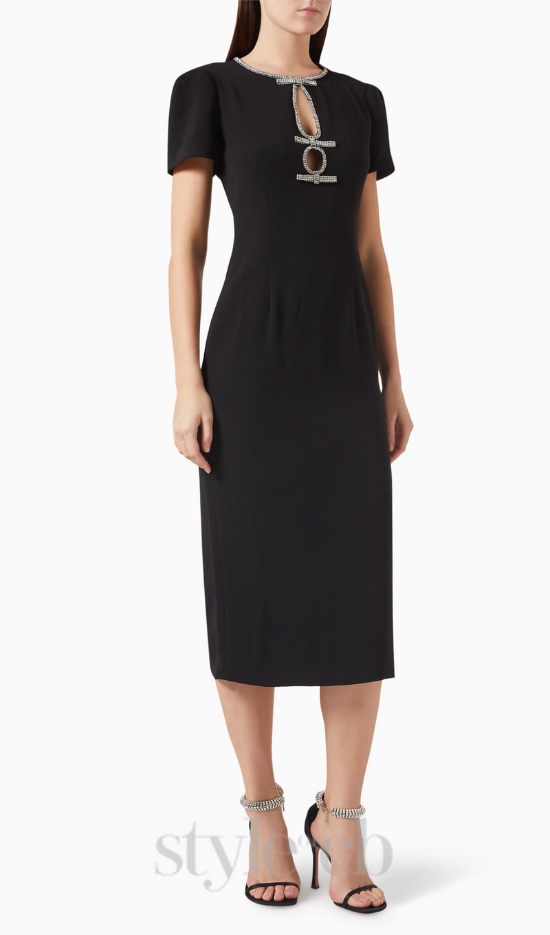 BLACK RHINESTONE-EMBELLISHED MIDI DRESS