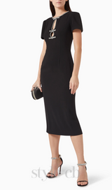 BLACK RHINESTONE-EMBELLISHED MIDI DRESS
