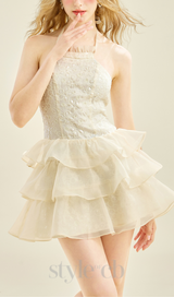 HALTER RUFFLE TRIM  MINI DRESS IN APRICOT