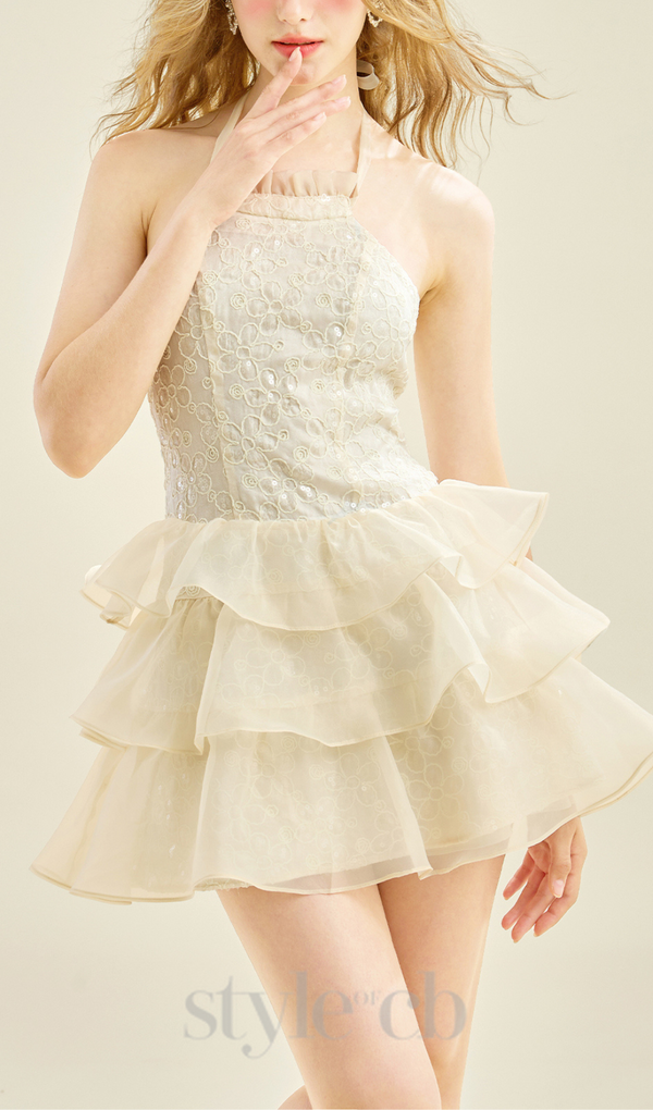 HALTER RUFFLE TRIM  MINI DRESS IN APRICOT