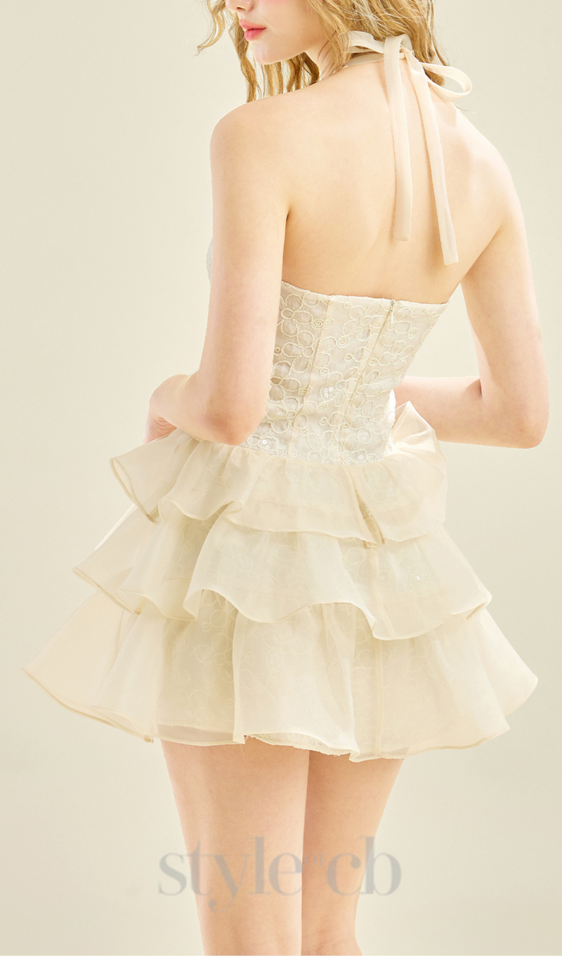 HALTER RUFFLE TRIM  MINI DRESS IN APRICOT