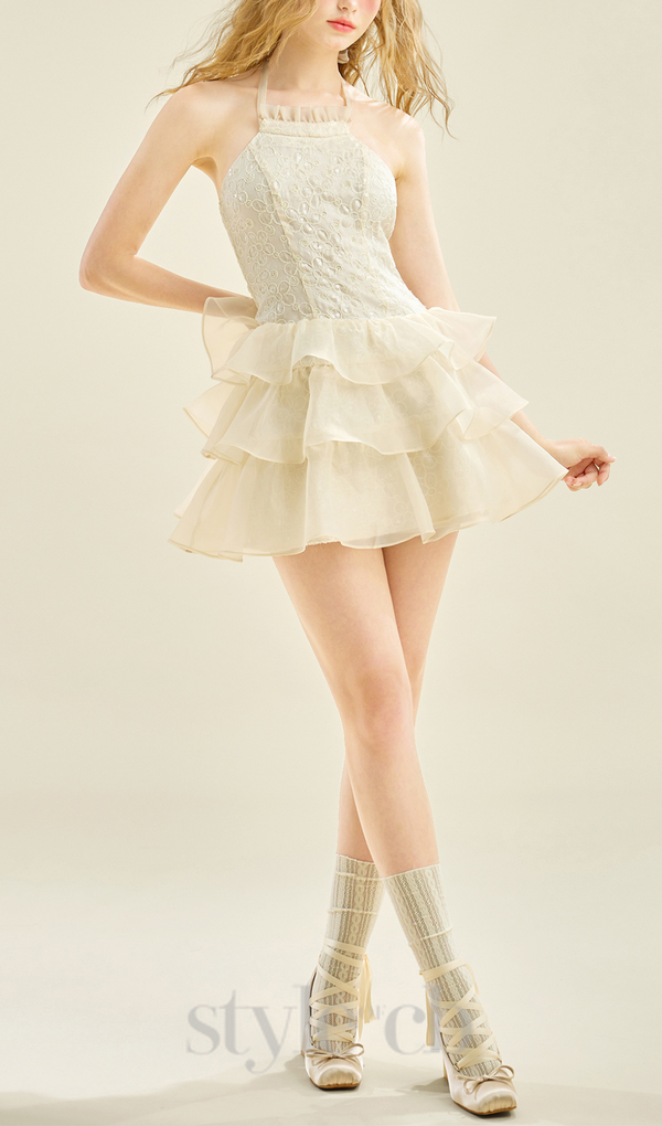 HALTER RUFFLE TRIM  MINI DRESS IN APRICOT