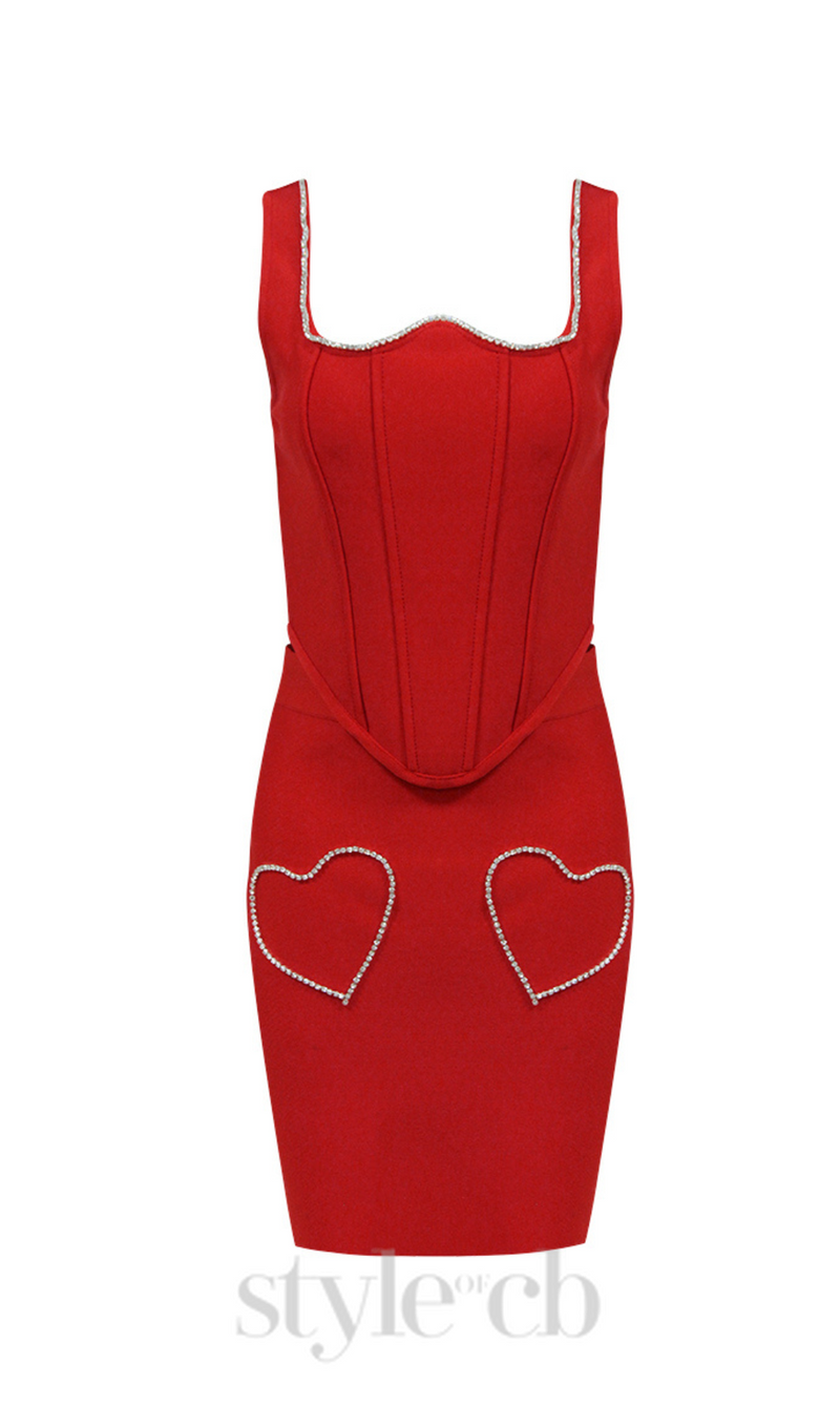 CRYSTAL HEART CORSET TWO PIECE DRESS IN RED