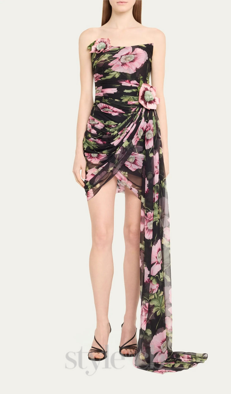 FLORAL PRINTED STRAPLESS DRAPED MINI DRESS