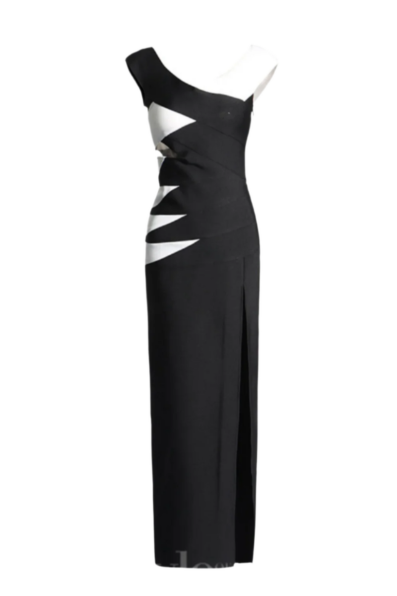 KORINA OFF SHOULDER CUTOUT HIGHSLIT DRESS IN BLACK