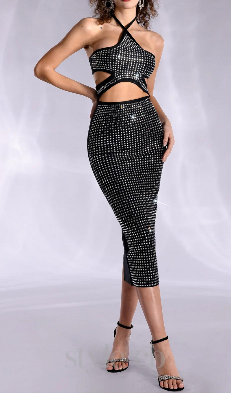 AGNI TIE RHINESTONE BANDAGE DRESS IN BLACK