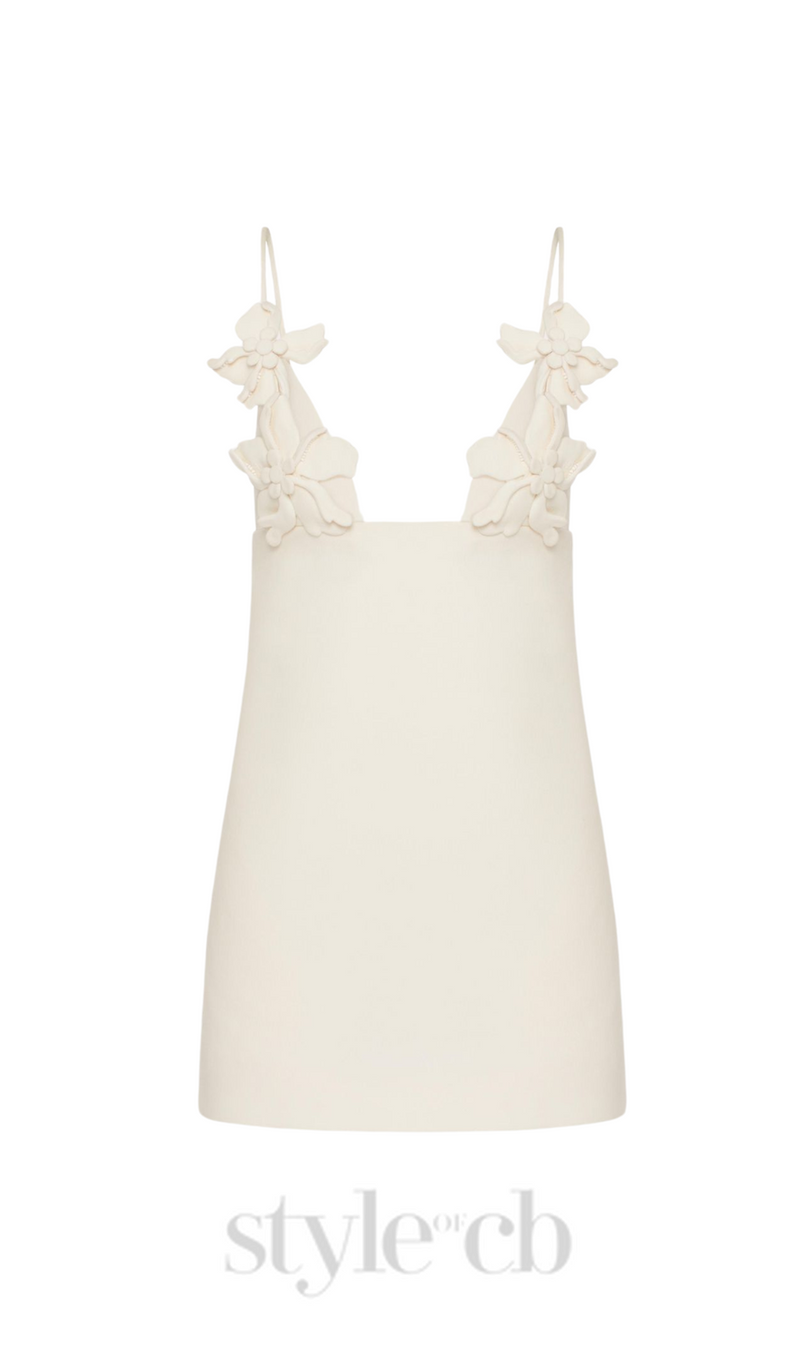 EMBROIDERED CREPE COUTURE MINI DRESS IN WHITE