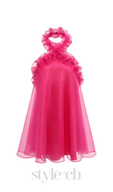HOT PINK ORGANZA RUFFLED HALTER MINI DRESS