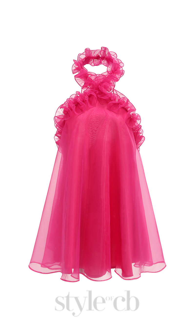 HOT PINK ORGANZA RUFFLED HALTER MINI DRESS