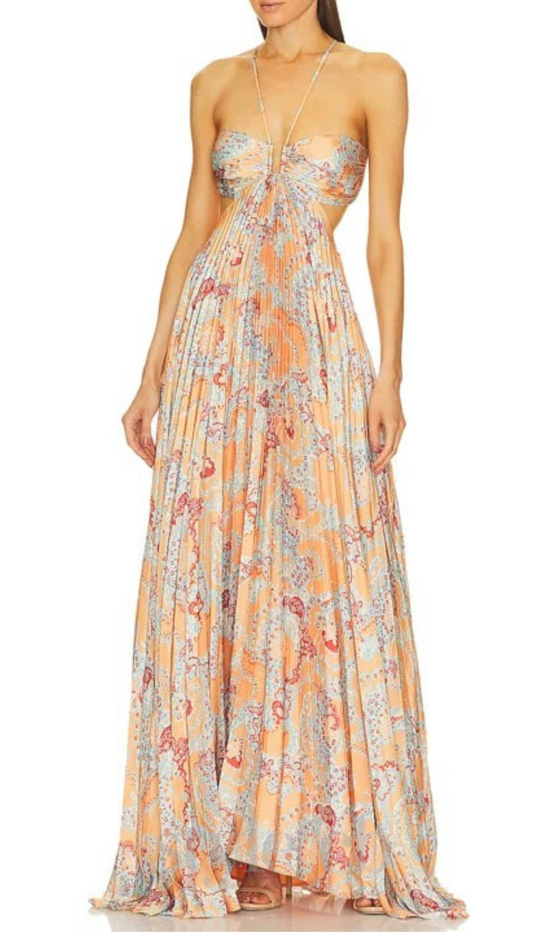 MOIRA CUTOUT FLORAL PRINTED HALTERNECK GOWN