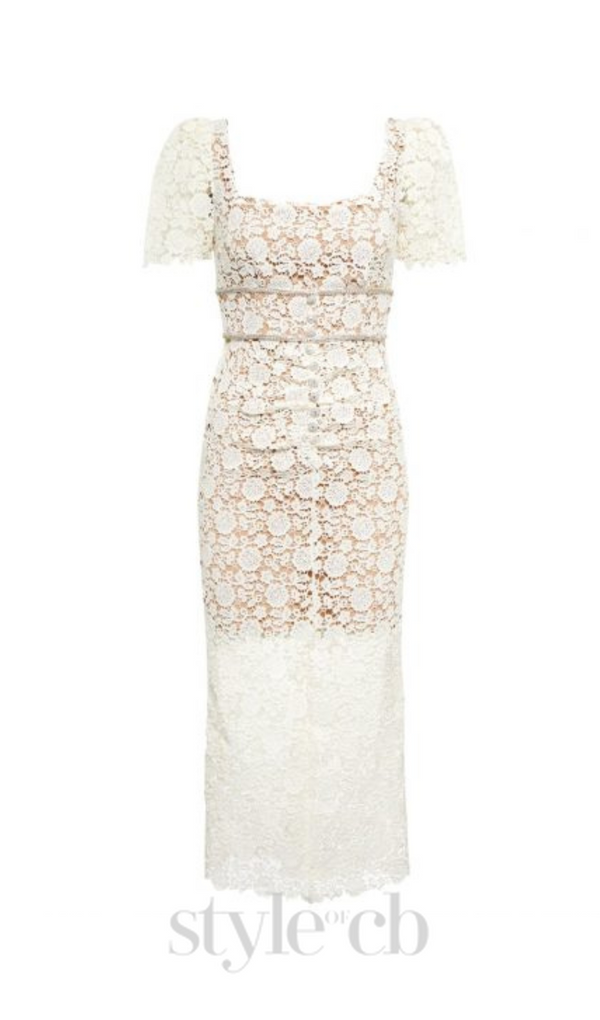 EMBELLISHED GUIPURE LACE MIDI DRESS IN WHITE