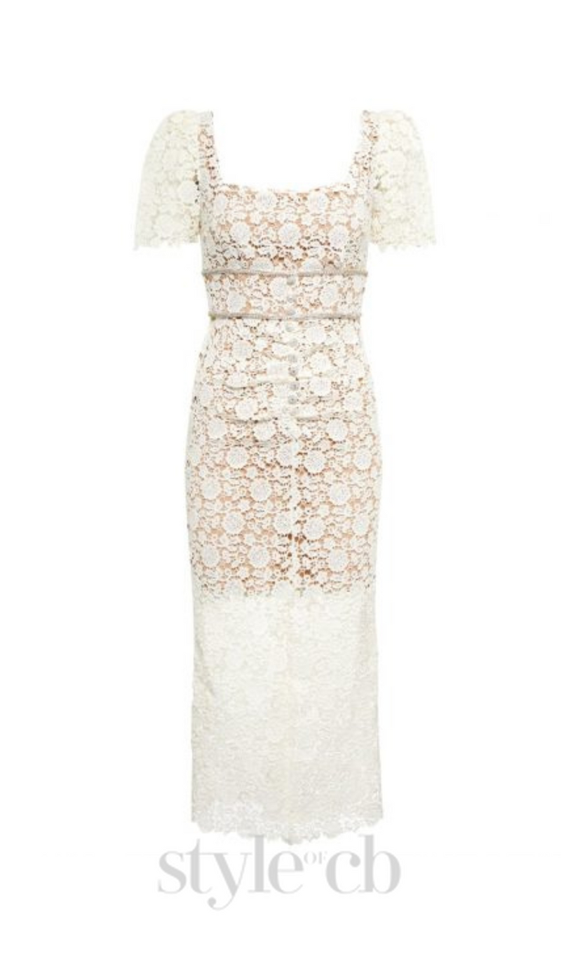 EMBELLISHED GUIPURE LACE MIDI DRESS IN WHITE