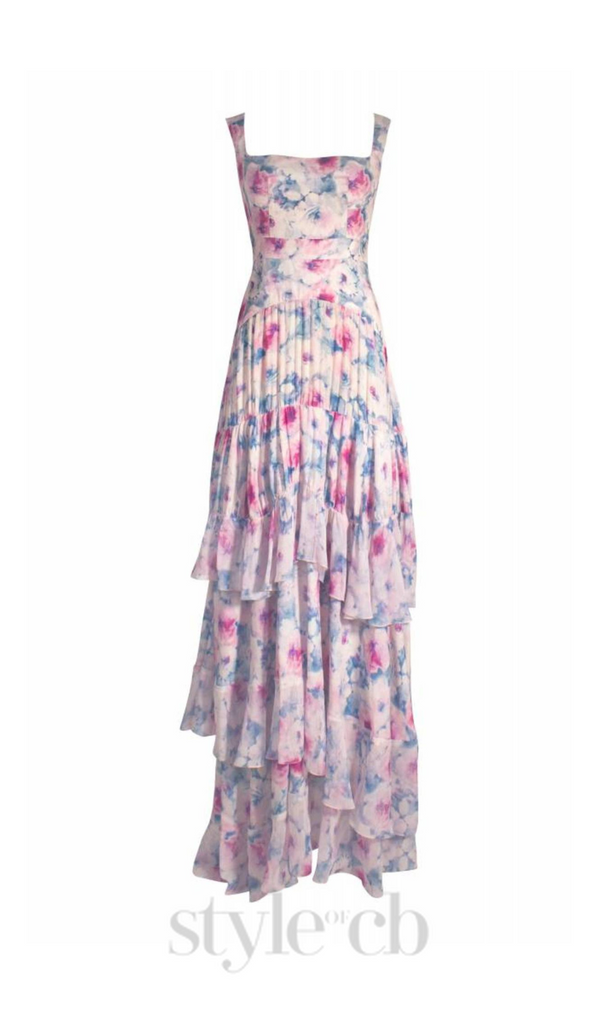 FLORAL PRINT RUFFLE TRIM MAXI DRESS IN ROSE