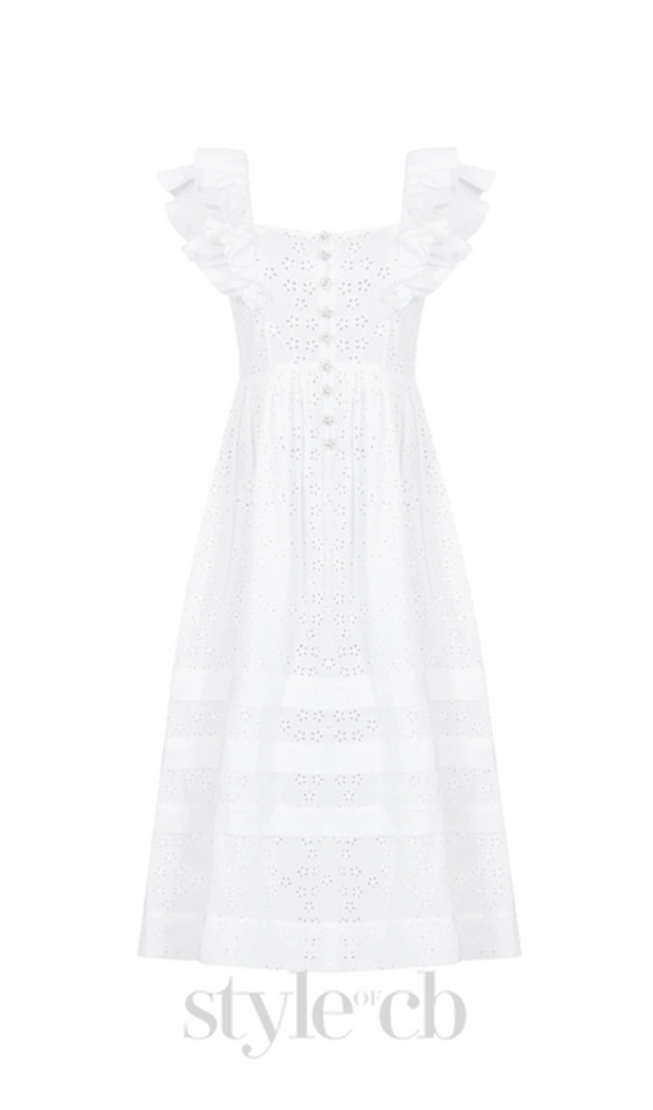 SQUARE COLLAR LACE MESH MAXI DRESS IN WHITE