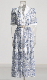 V NECK SPLICED BELTS EMBROIDERY MIDI DRESS IN BLUE