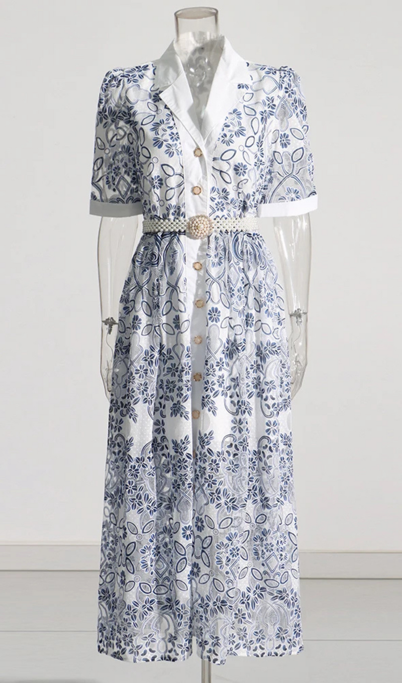 V NECK SPLICED BELTS EMBROIDERY MIDI DRESS IN BLUE