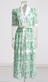 V NECK SPLICED BELTS EMBROIDERY MIDI DRESS IN GREEN
