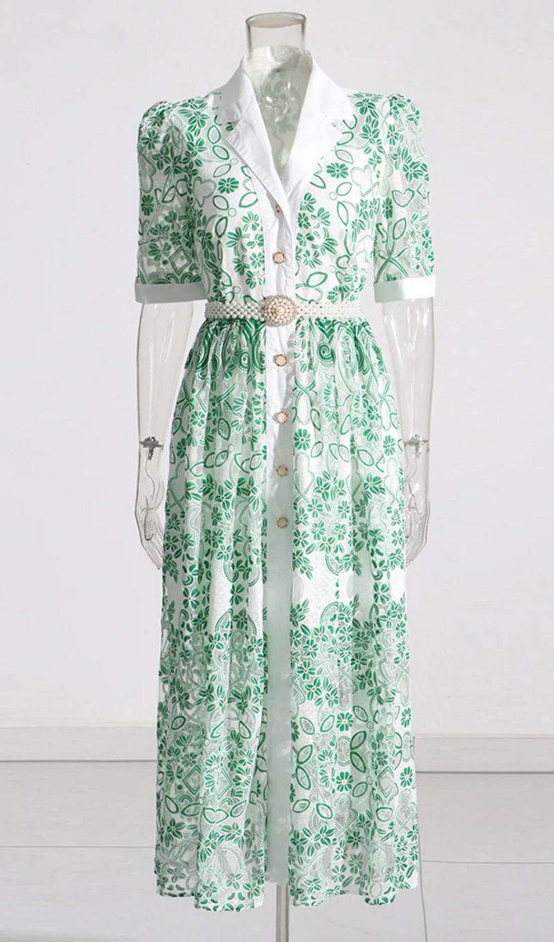 V NECK SPLICED BELTS EMBROIDERY MIDI DRESS IN GREEN