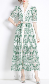 V NECK SPLICED BELTS EMBROIDERY MIDI DRESS IN GREEN