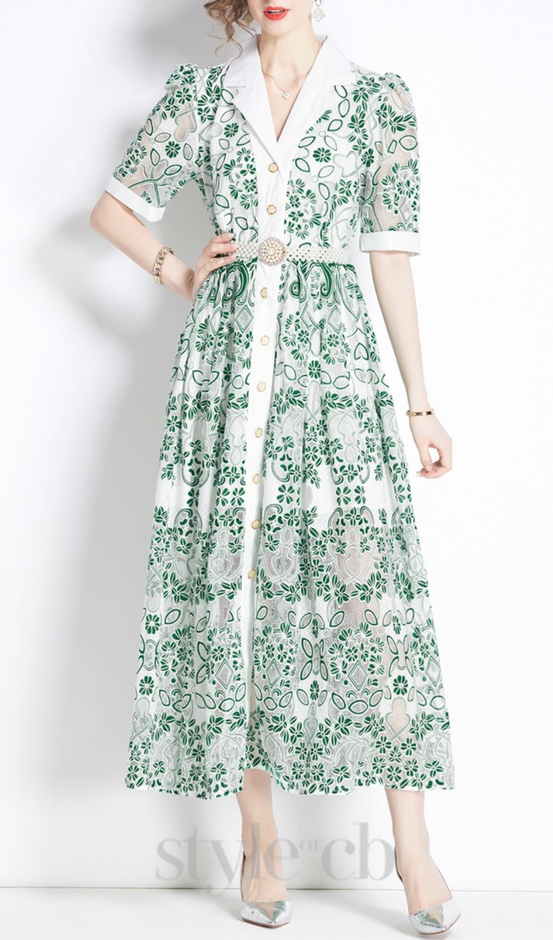 V NECK SPLICED BELTS EMBROIDERY MIDI DRESS IN GREEN