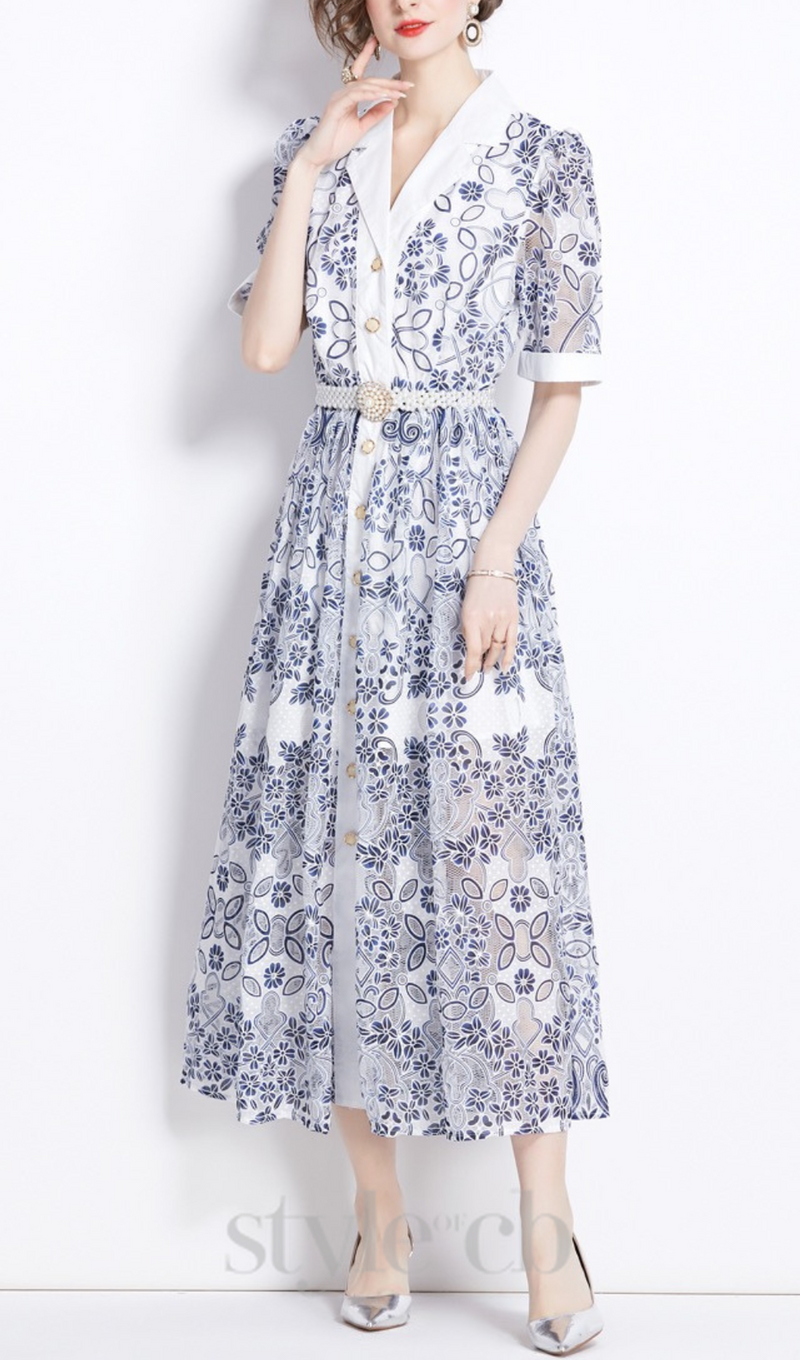 V NECK SPLICED BELTS EMBROIDERY MIDI DRESS IN BLUE