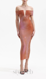 ORANGE CRYSTAL-EMBELLISHED BODYCON MIDI DRESS