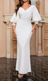 V NECK PUFF SLEEVE BODYCON MAXI DRESS IN WHITE